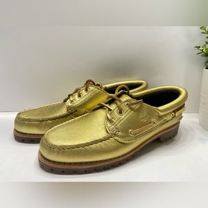 NEW Timberland Noreen 3 Eye Women's Leather Boat Shoes Metallic Gold Size 8 $145